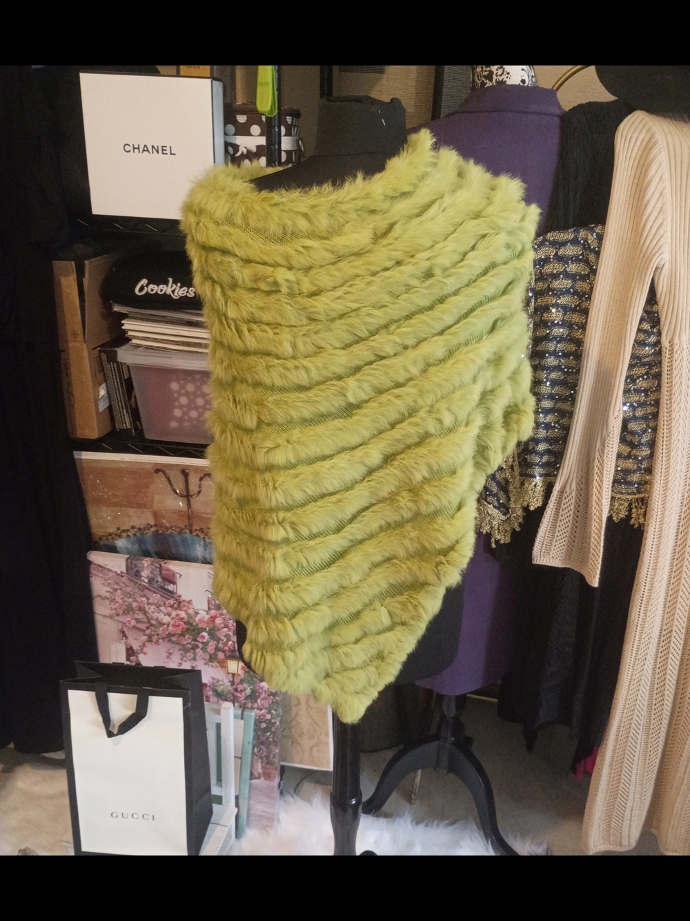 Lovely Green Fur Poncho NWOT